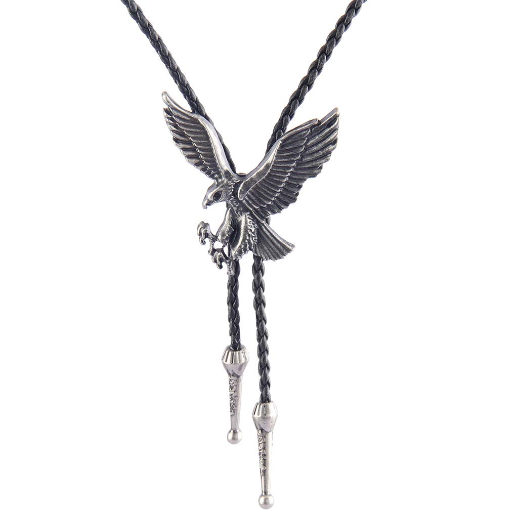 GelConnie Mens Bolo Tie Western Cowboy Necktie Vintage Silver American Pride Eagle Bolo Tie Leather Necktie Bolo Necklace for Women, Men