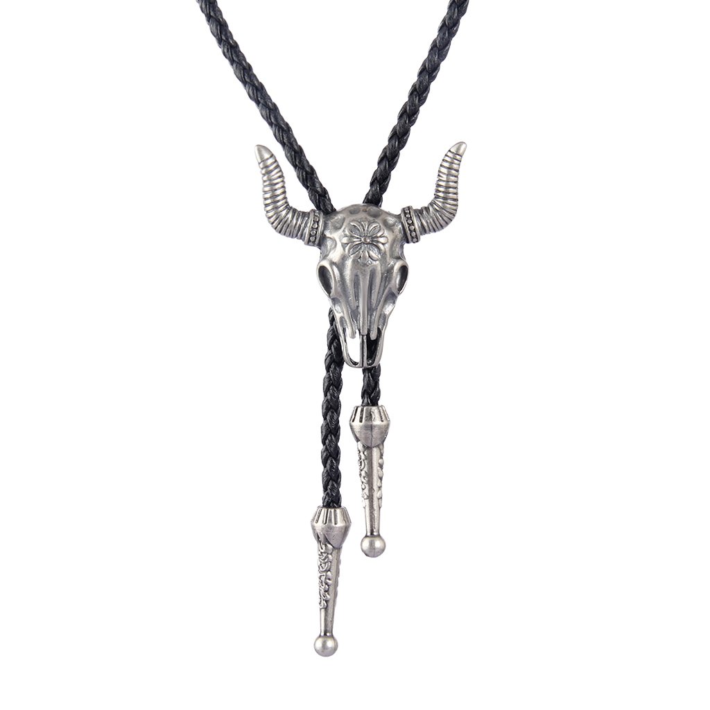 GelConnie Cowboy Skull Bolo Tie American Leather Necktie Rope Braided Necklace Western Jewelry for Men, Women PL0023-silver
