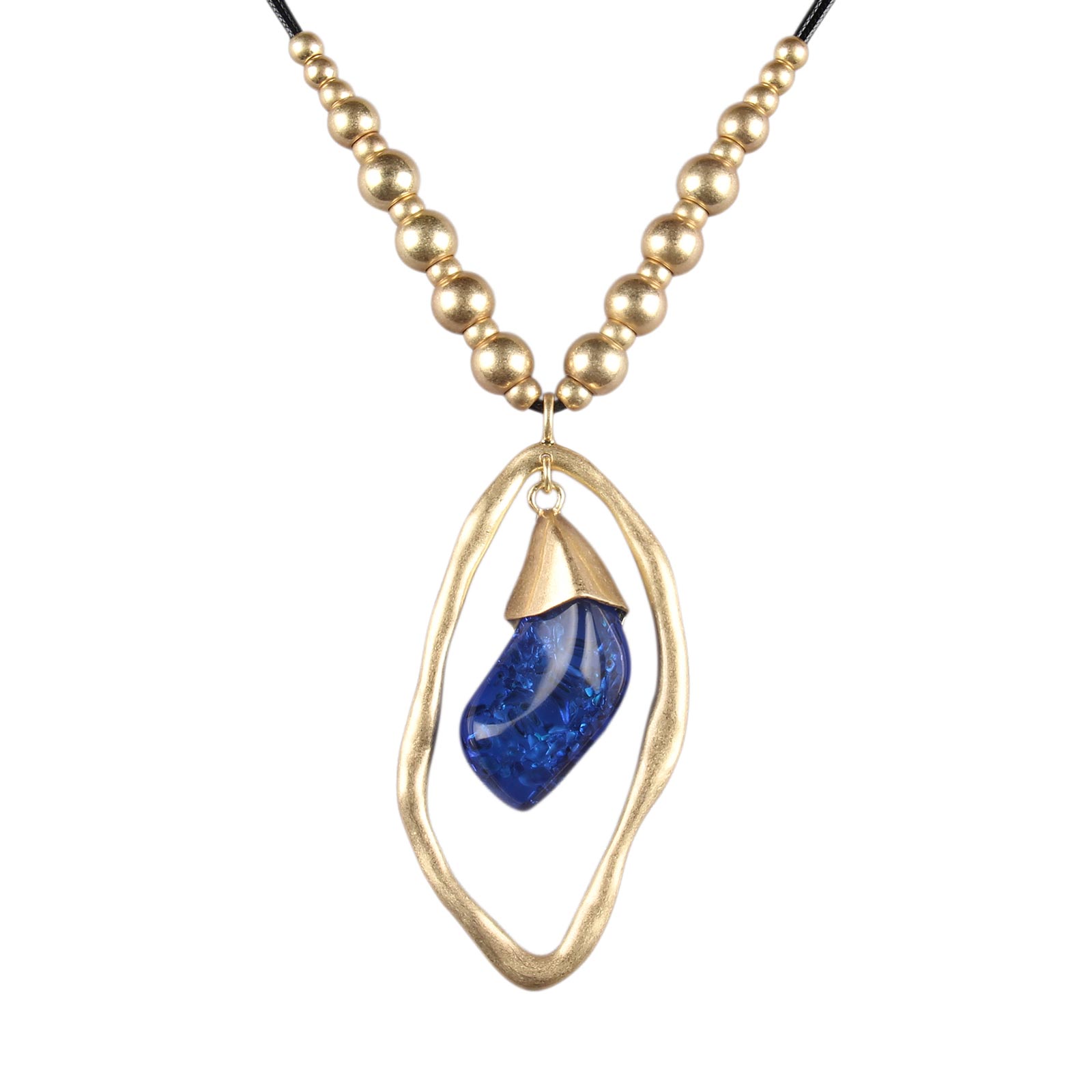 Gelconnie Boho Necklace Blue Chunky Gold Pendant Necklace Black Cord Handmade Boho Jewelry Women Choker Long Casual Necklaces